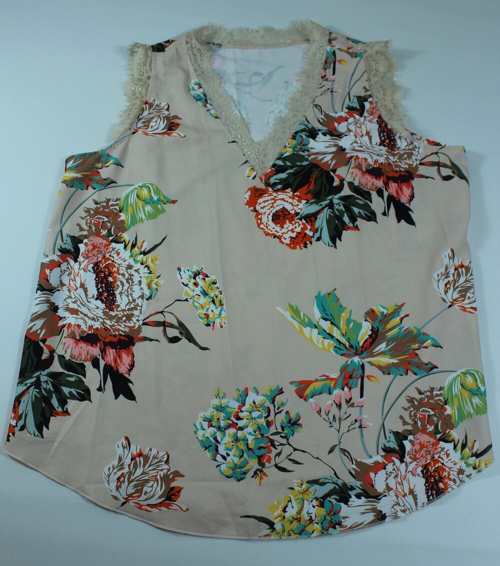 Women's Size XXL Sleeveless Floral Print Blouse Lace Trim V-Neck